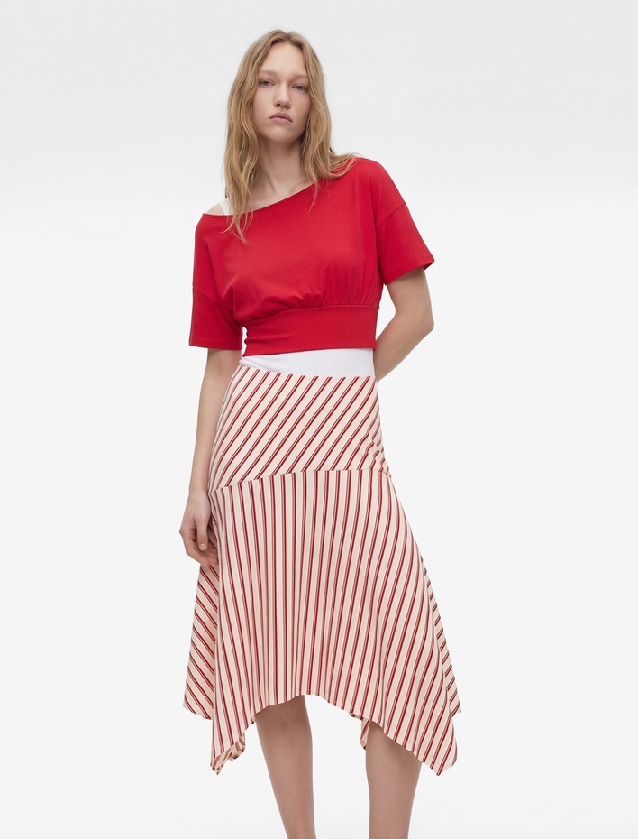  Düşük Bel Çizgili Asimetrik Kesim Rahat Kalıp Midi Etek