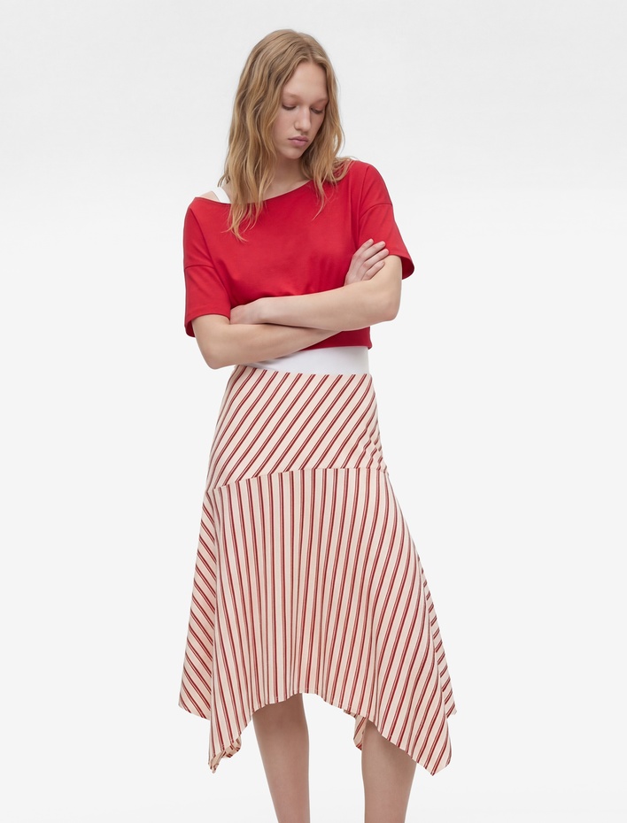  Düşük Bel Çizgili Asimetrik Kesim Rahat Kalıp Midi Etek