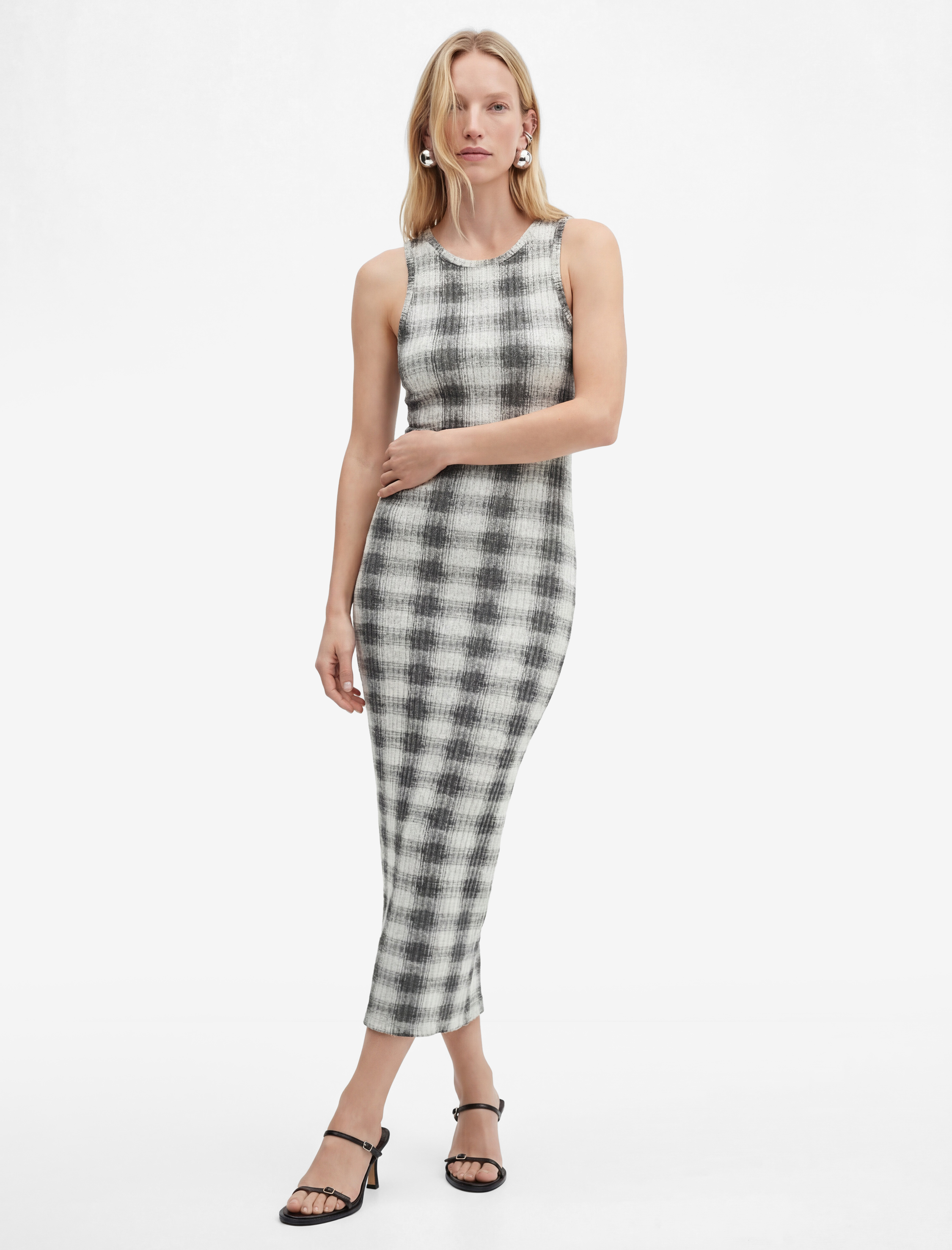 Slim Fit Bisiklet Yaka Midi Boy Ekose Bodycon Elbise