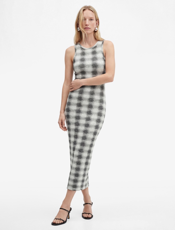  Slim Fit Bisiklet Yaka Midi Boy Ekose Bodycon Elbise