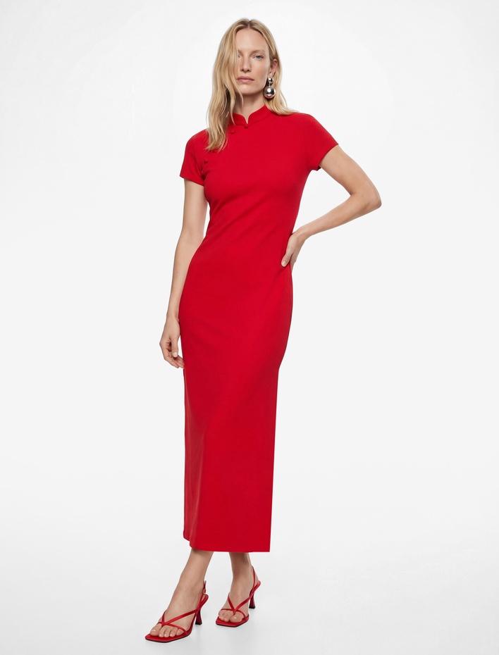  Slim Fit Kısa Kollu Yırtmaçlı Dik Yaka Qipao Yaka Midi Elbise