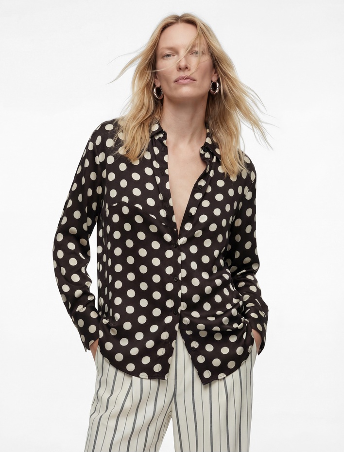  Uzun Kollu Klasik Yaka Düğmeli Viskon Puantiyeli Saten Gömlek