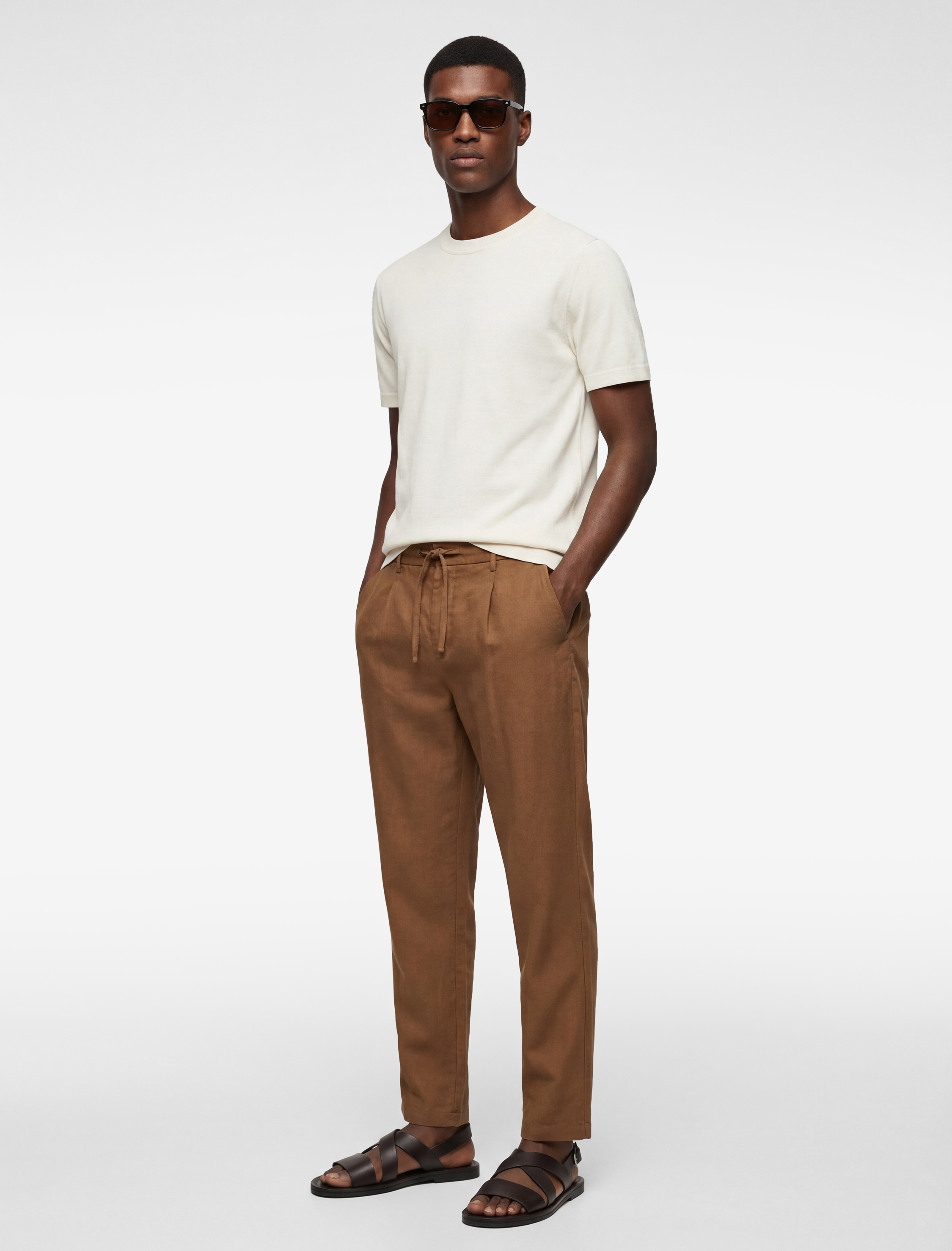 Regular Fit Beli Lastikli Düğmeli Düz Paça Keten Karışımlı Chino Pantolon