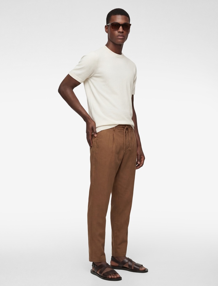  Regular Fit Beli Lastikli Düğmeli Düz Paça Keten Karışımlı Chino Pantolon