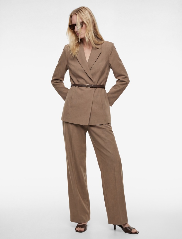  Yüksek Bel Viskon Karışımlı Pileli Geniş Paça Pantolon