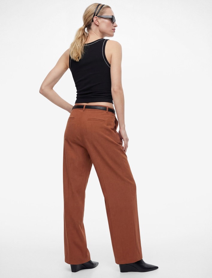  Pile Detaylı Cepli Geniş Paça Kemerli Palazzo Pantolon