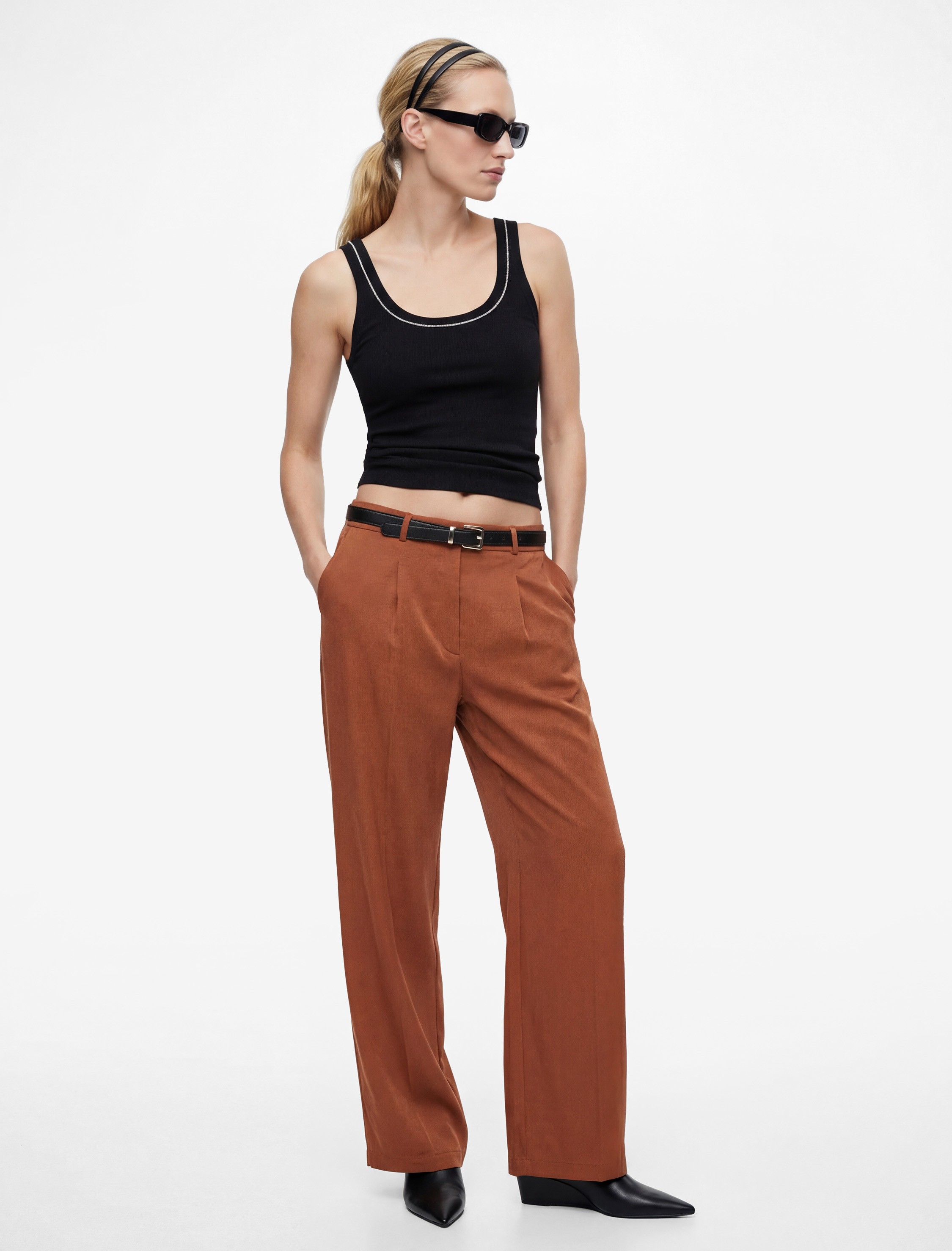 Pile Detaylı Cepli Geniş Paça Kemerli Palazzo Pantolon