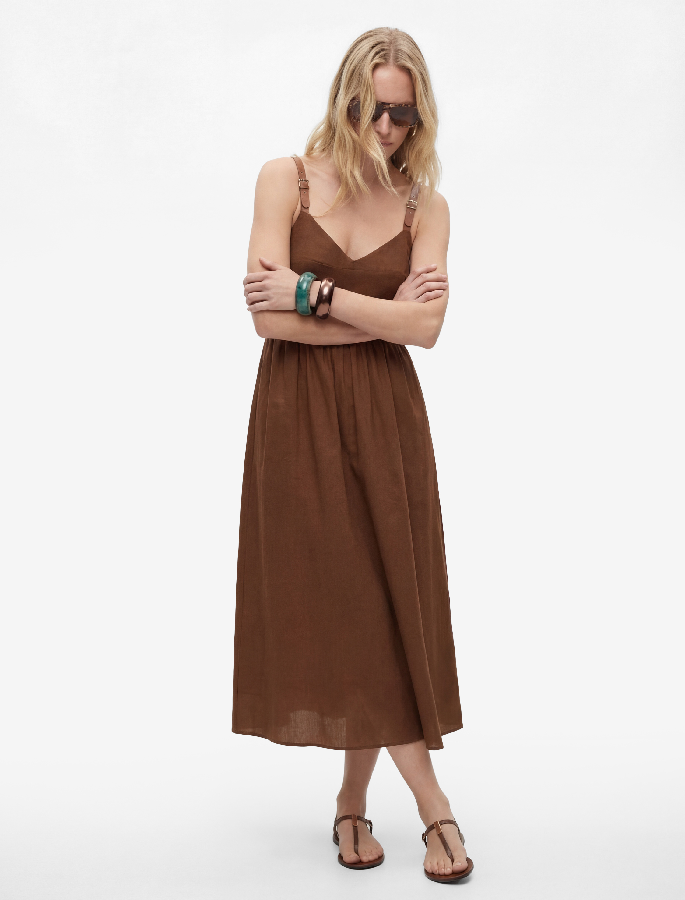   Bol Kalıp V Yaka Cepli Ayarlanabilir Askılı Modal Midi Elbise