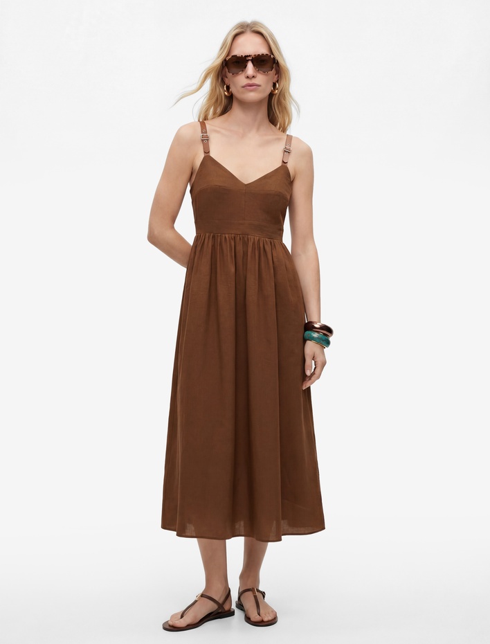  Bol Kalıp V Yaka Cepli Kemer Detaylı Askılı Modal Midi Elbise