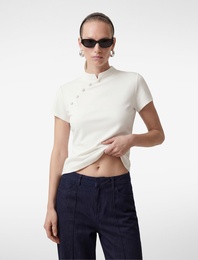 Krep Scuba Kumaş Slim Fit Kısa Kollu Düğmeli Dik Qipao Yaka Tişört