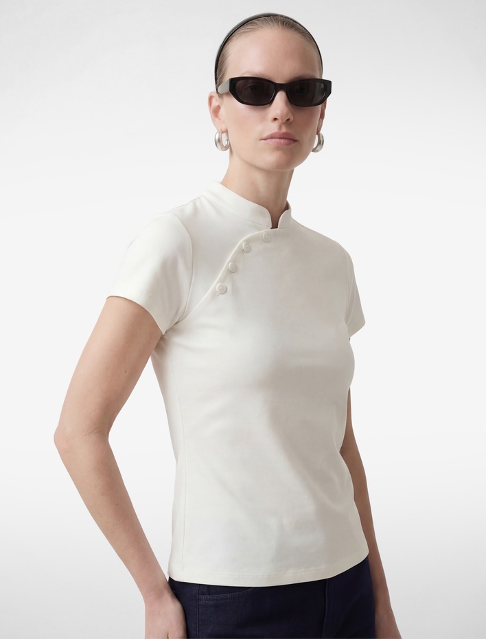  Krep Scuba Kumaş Slim Fit Kısa Kollu Düğmeli Dik Qipao Yaka Tişört