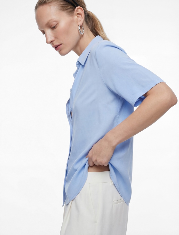  Regular Fit Klasik Yaka Düğmeli Viskon Kısa Kollu Gömlek