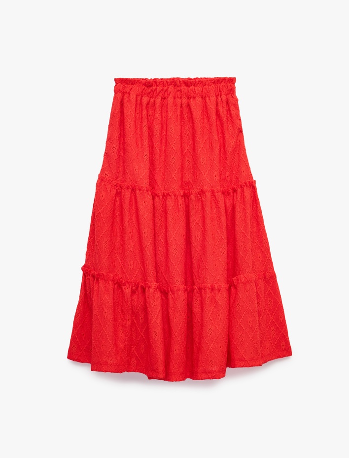 Kız Çocuk Beli Lastikli Bürümcük Kumaş Brodeli Midi Etek