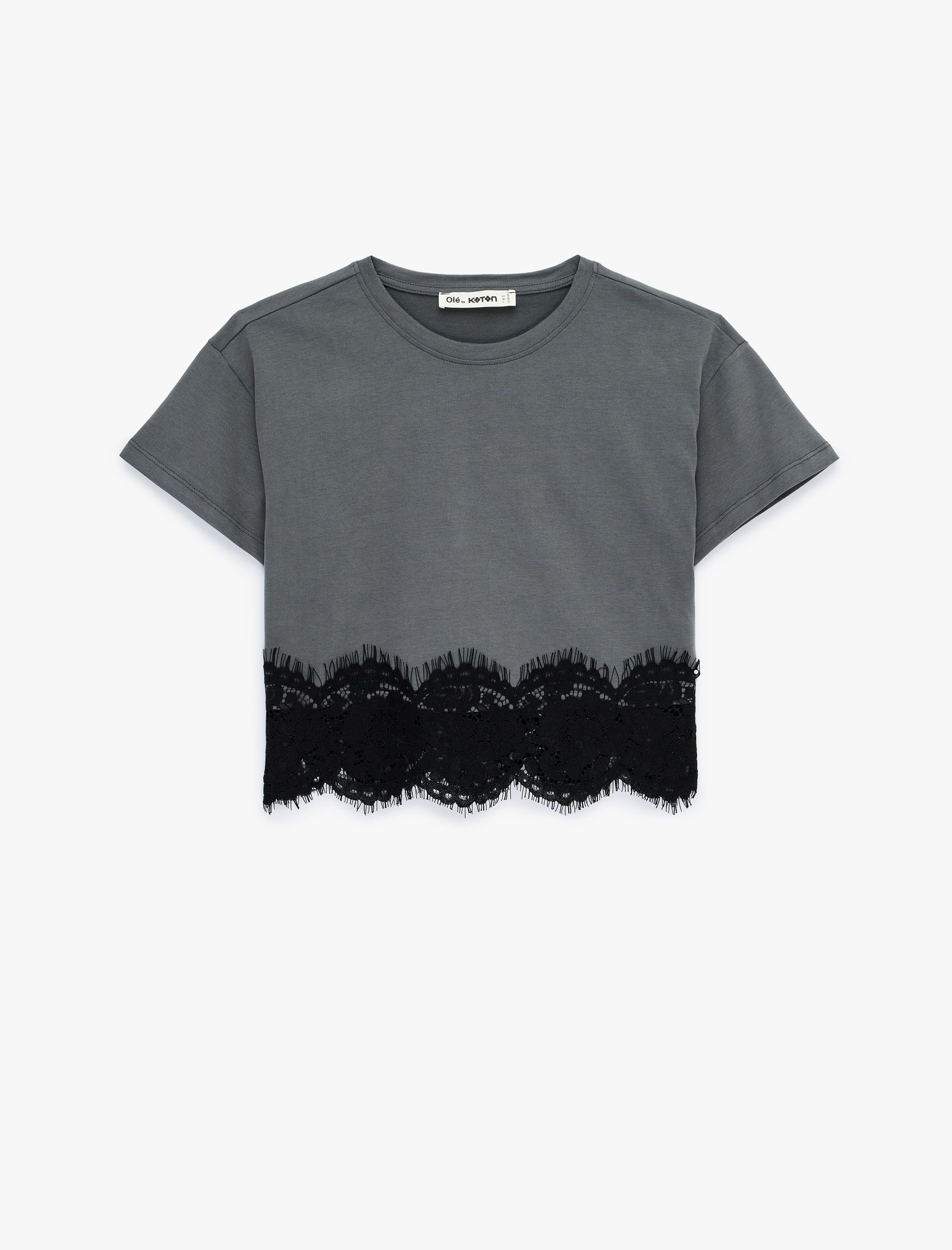   Dantel Detaylı Kısa Kollu Bisiklet Yaka Pamuklu Crop Tişört