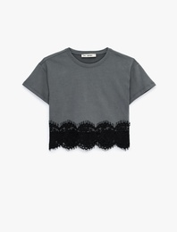 Dantel Detaylı Kısa Kollu Bisiklet Yaka Pamuklu Crop Tişört