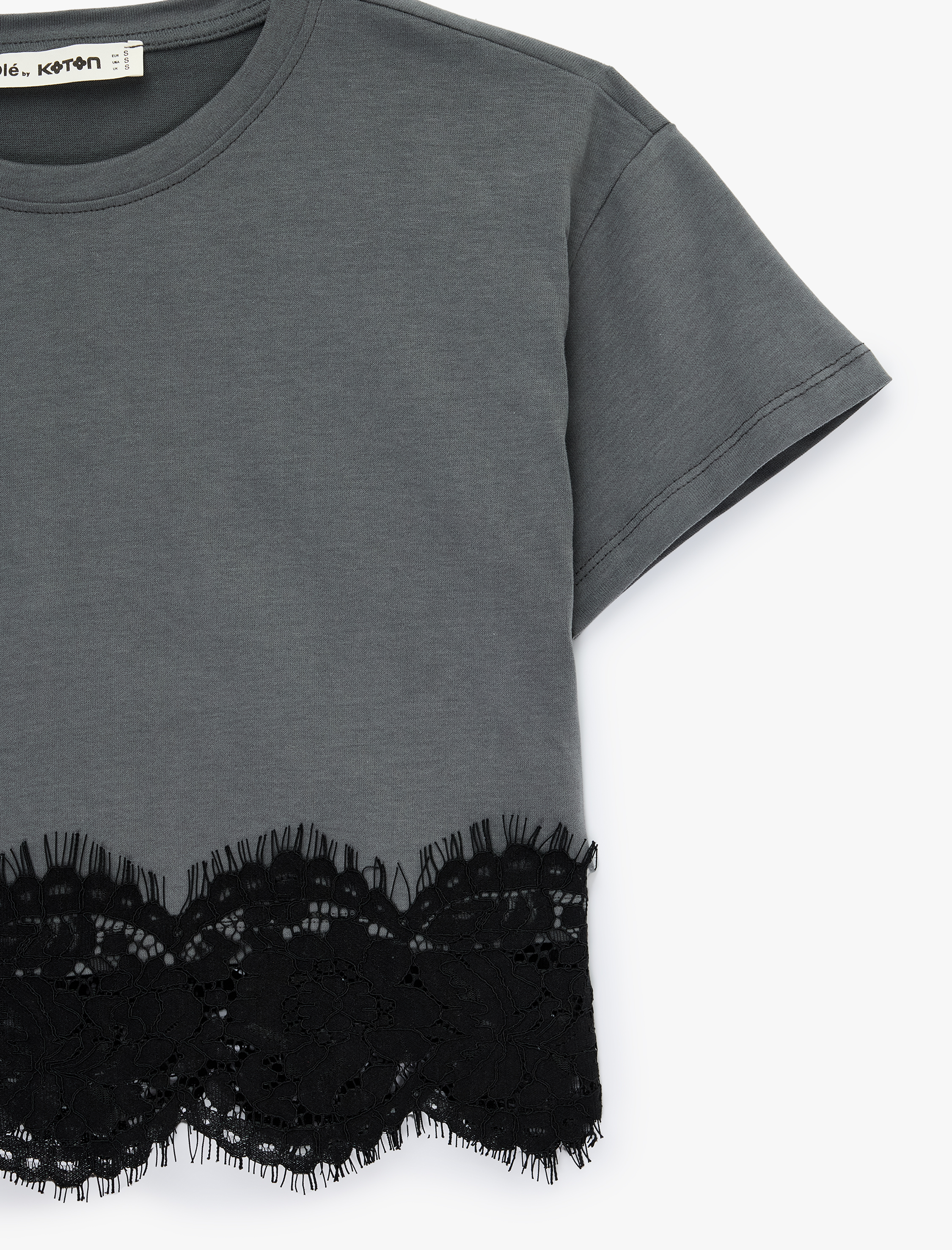   Dantel Detaylı Kısa Kollu Bisiklet Yaka Pamuklu Crop Tişört