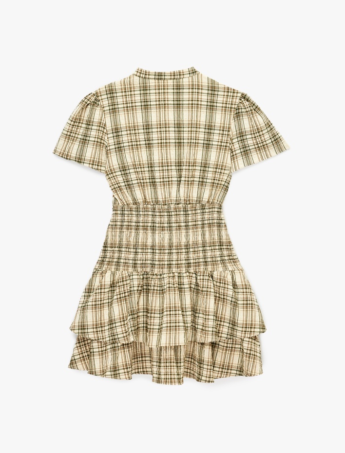  Fırfırlı Kısa Kollu Gipeli Bisiklet Yaka Mini Ekoseli Elbise