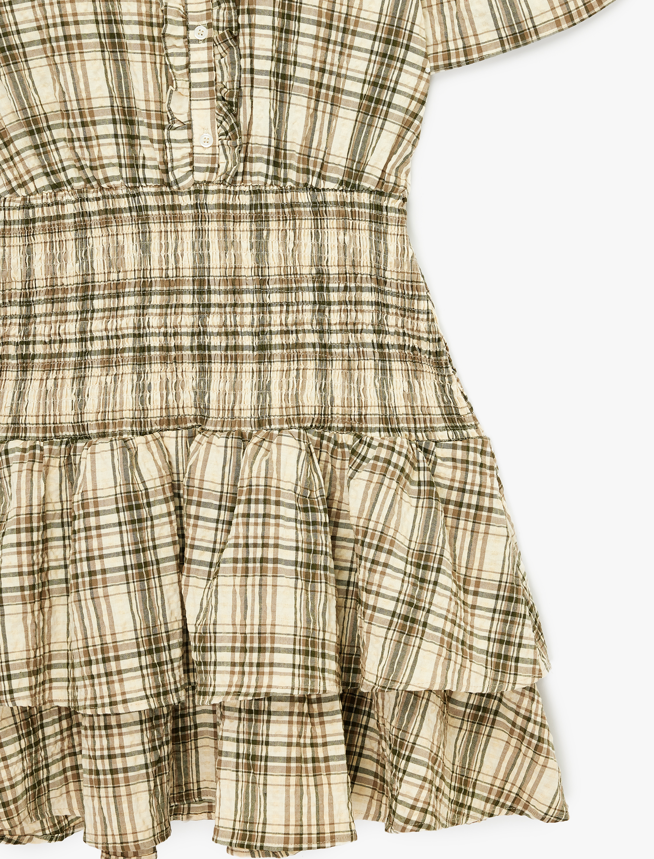   Fırfırlı Kısa Kollu Gipeli Bisiklet Yaka Mini Ekoseli Elbise