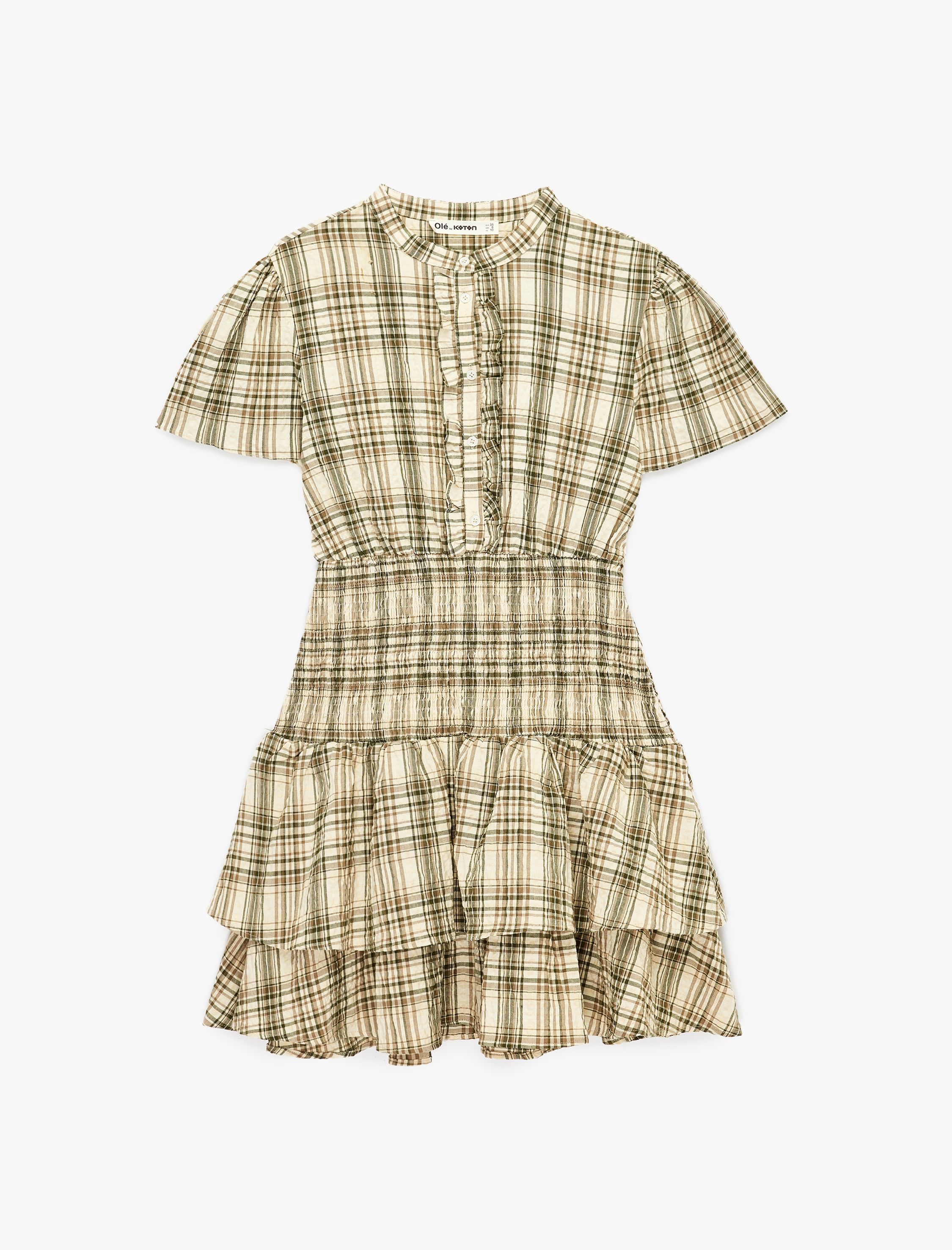   Fırfırlı Kısa Kollu Gipeli Bisiklet Yaka Mini Ekoseli Elbise