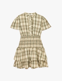 Fırfırlı Kısa Kollu Gipeli Bisiklet Yaka Mini Ekoseli Elbise