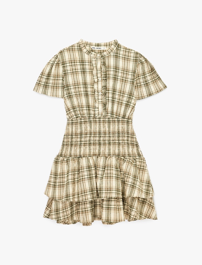  Fırfırlı Kısa Kollu Gipeli Bisiklet Yaka Mini Ekoseli Elbise