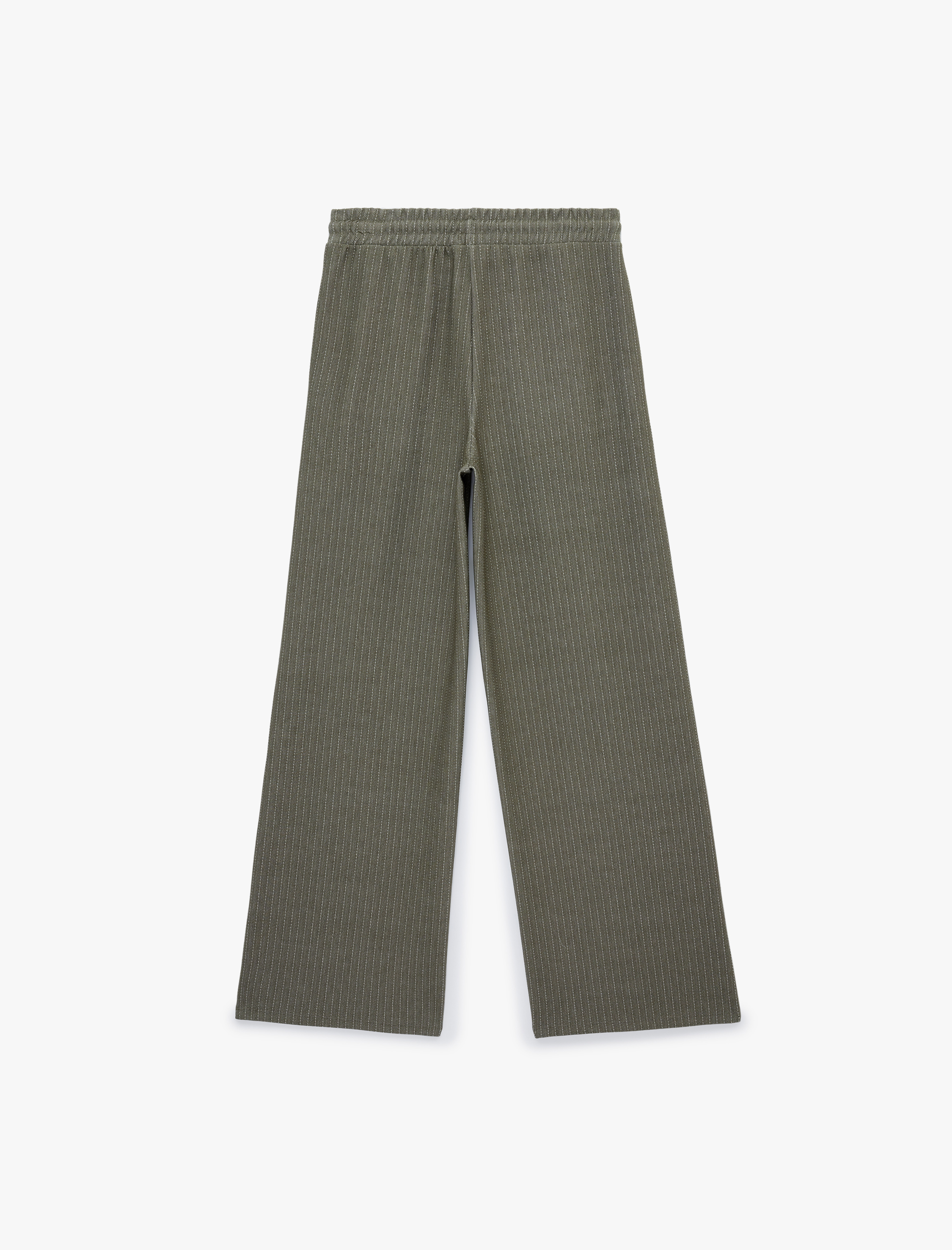   Beli Bağcıklı Cepli Düz Bol Paça Çizgili Pantolon