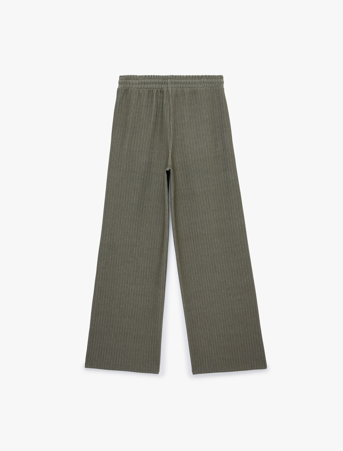  Beli Bağcıklı Cepli Düz Bol Paça Çizgili Pantolon