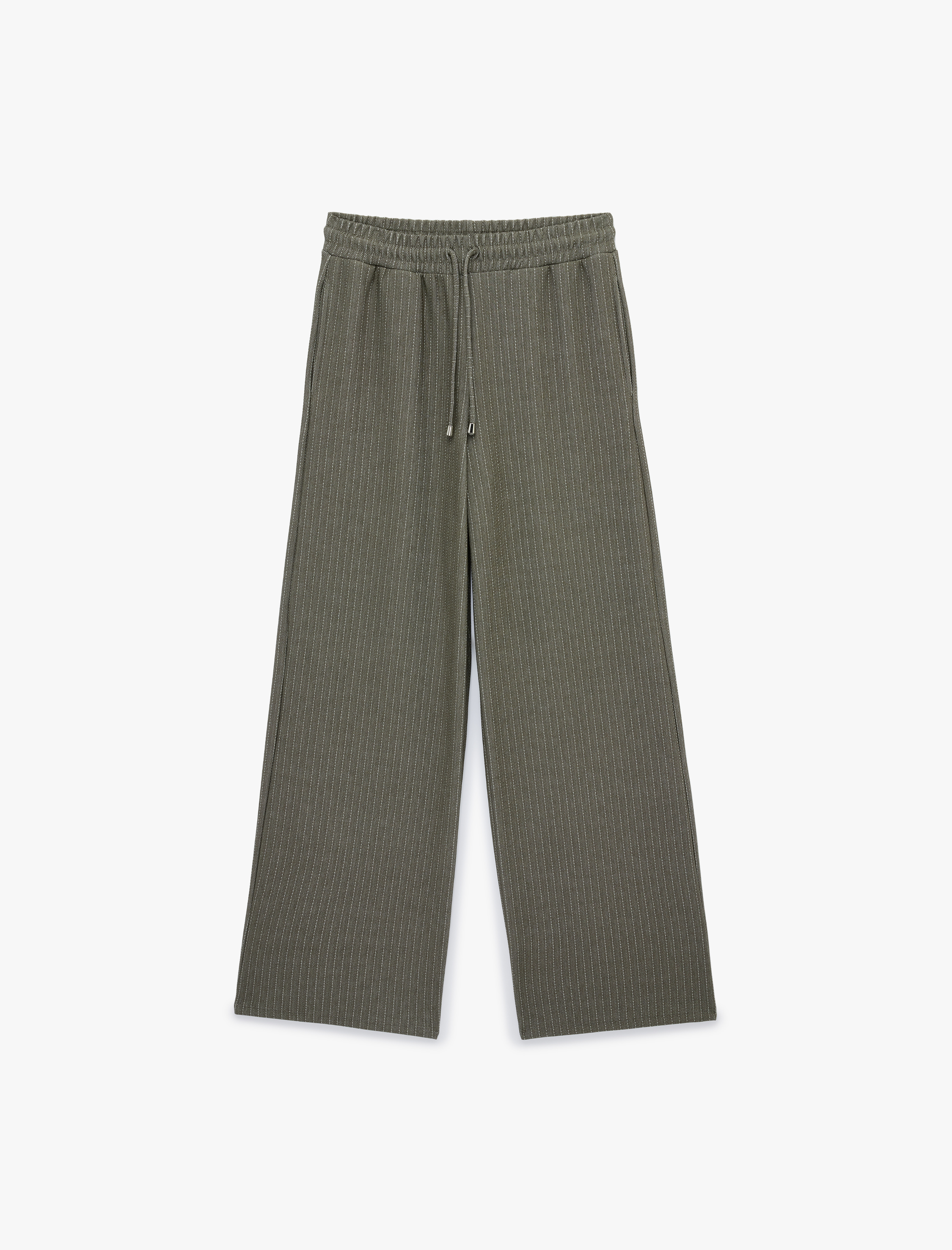   Beli Bağcıklı Cepli Düz Bol Paça Çizgili Pantolon