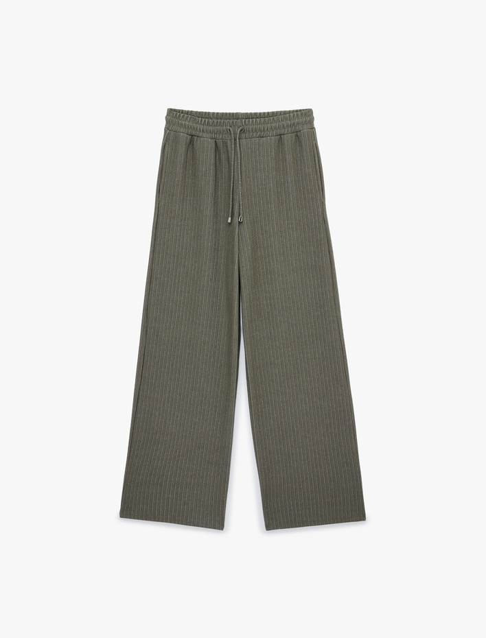  Beli Bağcıklı Cepli Düz Bol Paça Çizgili Pantolon