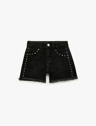 Pamuklu Cepli Taş Detaylı Denim Şort