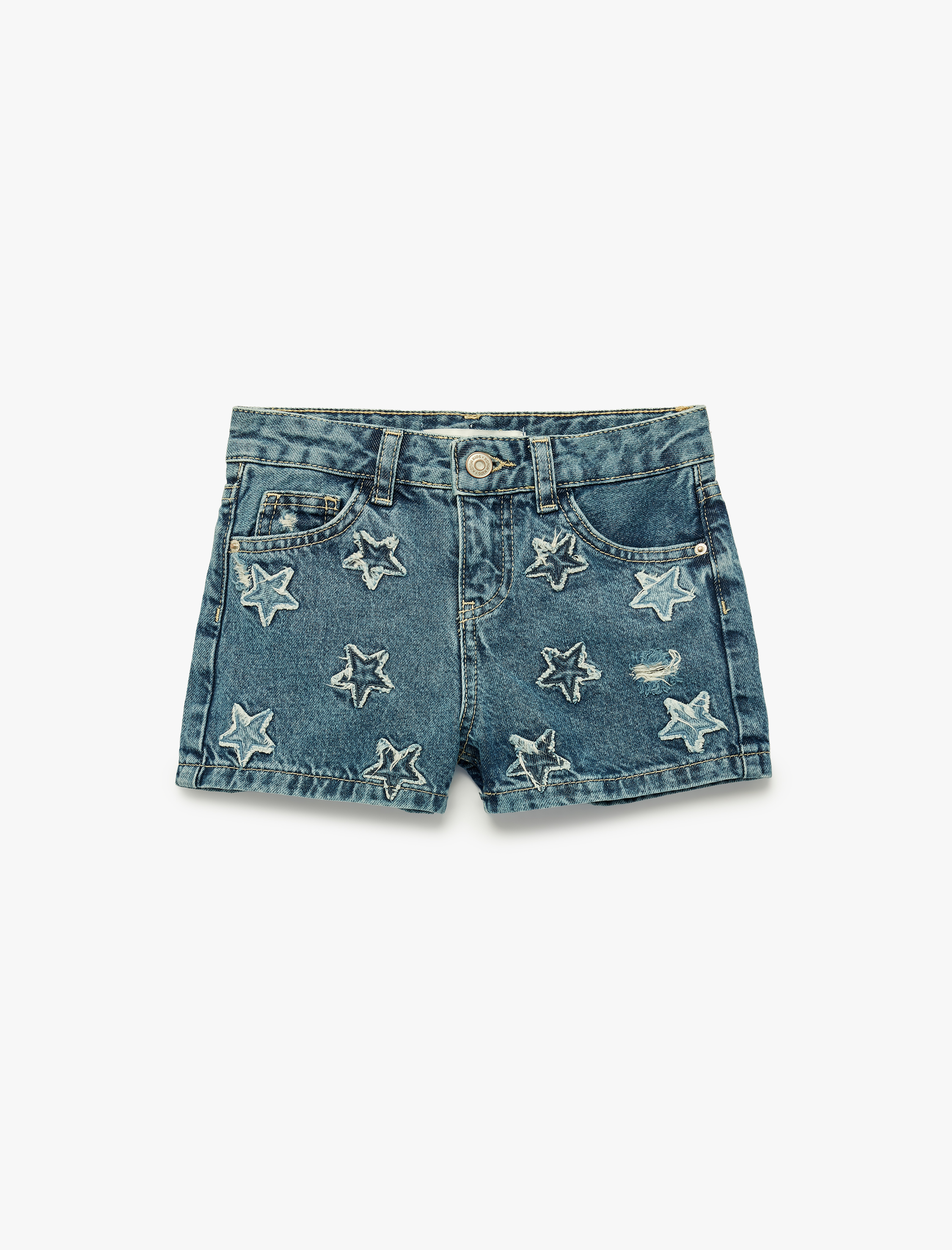  Kız Çocuk Pamuklu Cepli Yıldız Desenli Denim Şort