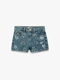 Pamuklu Cepli Yıldız Desenli Denim Şort