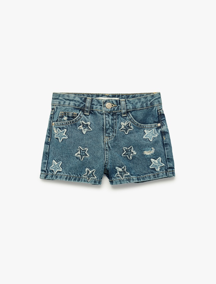 Kız Çocuk Pamuklu Cepli Yıldız Desenli Denim Şort