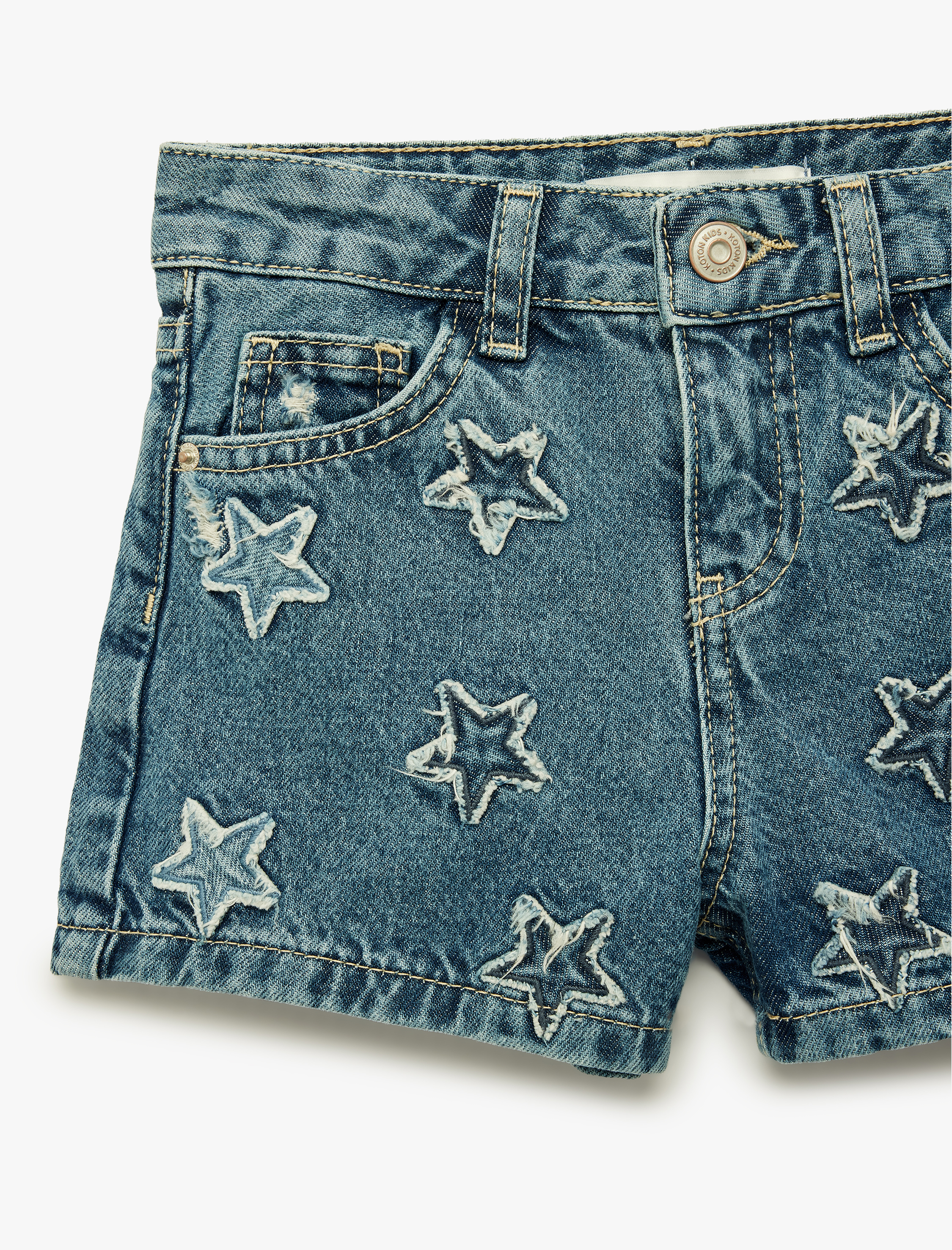  Kız Çocuk Pamuklu Cepli Yıldız Desenli Denim Şort