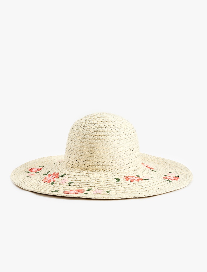 Kadın Çiçek İşlemeli Hasır Şapka