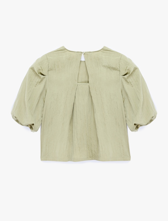  Bisiklet Yaka Kısa Balon Kollu Saten Bluz