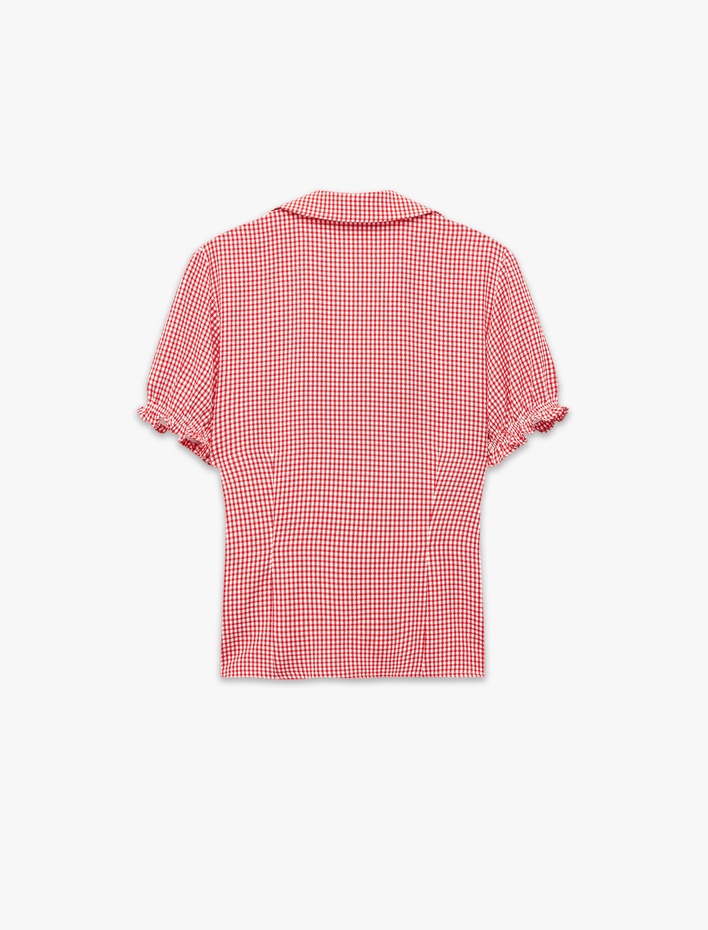  Slim Fit Kısa Balon Kollu Düğmeli Klasik Yaka Pötikareli Gömlek