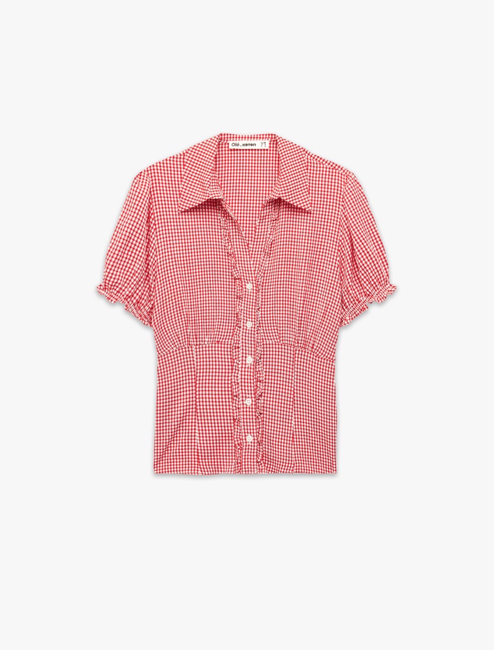  Slim Fit Kısa Balon Kollu Düğmeli Klasik Yaka Pötikareli Gömlek