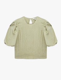 Bisiklet Yaka Kısa Balon Kollu Saten Bluz