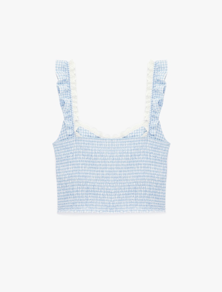  Geniş Yaka Kolsuz Fırfırlı Gipeli Crop Bluz