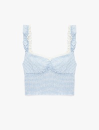 Geniş Yaka Kolsuz Fırfırlı Gipeli Crop Bluz