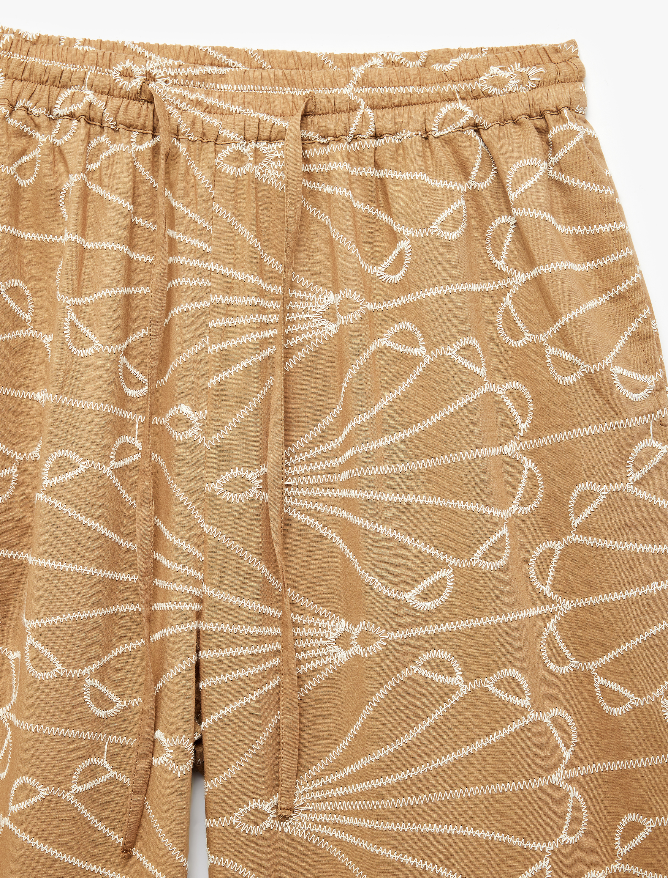   Keten Görünümlü Beli Bağcıklı Etnik Nakış Detaylı Bol Paça Pantolon