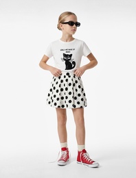 Pamuklu Kısa Kollu Bisiklet Yaka Kedi Baskılı Pullu Payetli Tişört