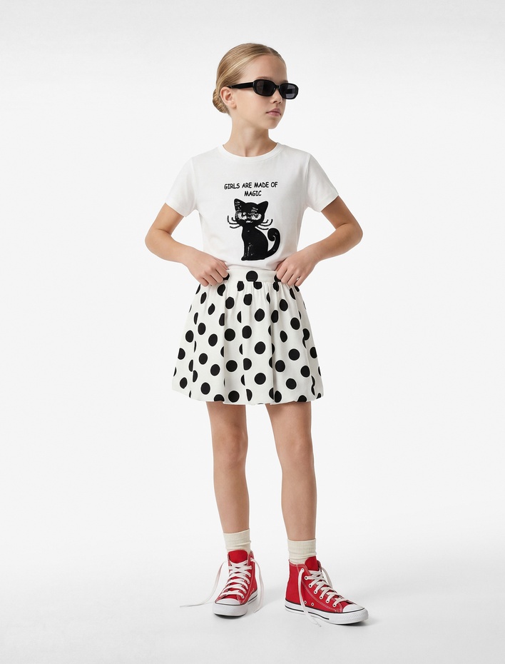 Kız Çocuk Pamuklu Kısa Kollu Bisiklet Yaka Kedi Baskılı Pullu Payetli Tişört