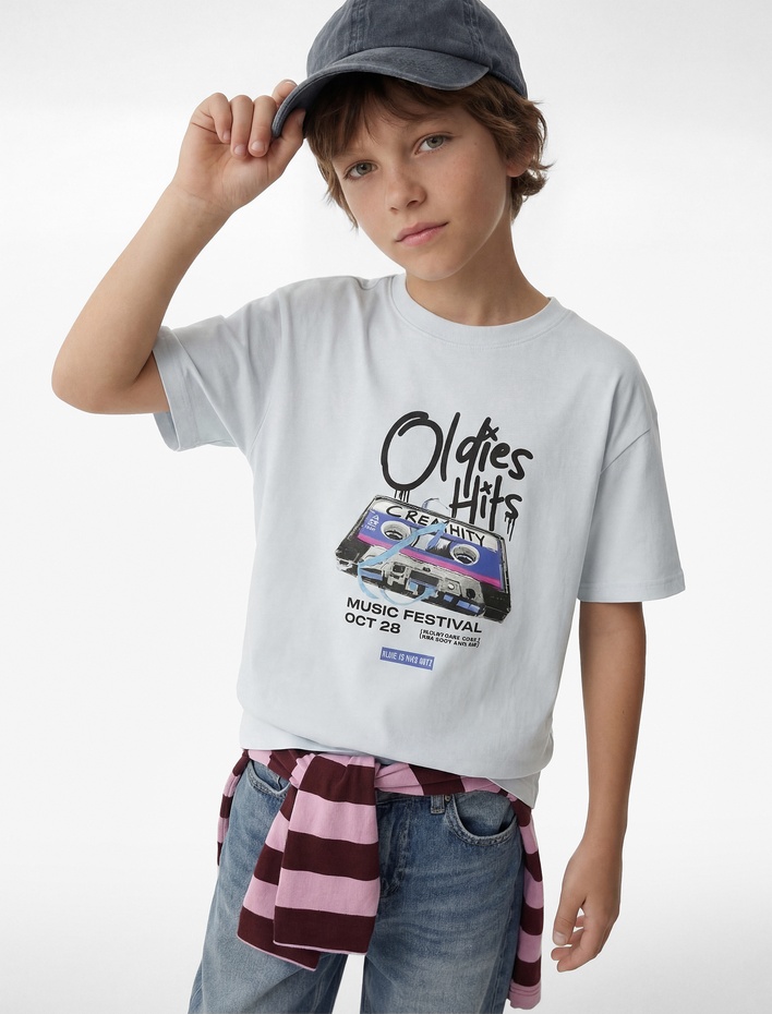 Erkek Çocuk Pamuklu Bisiklet Yaka Baskılı Kısa Kollu Oversize Tişört