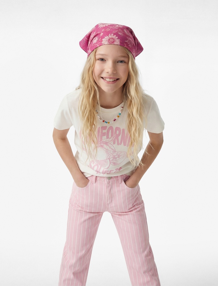Kız Çocuk Baskılı Kısa Kollu Bisiklet Yaka Pamuklu Tişört