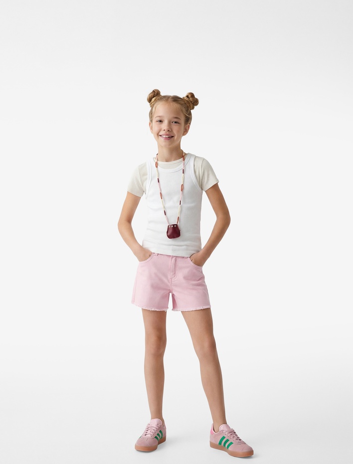 Kız Çocuk Pamuklu Cepli Düz Kesim Jean Şort