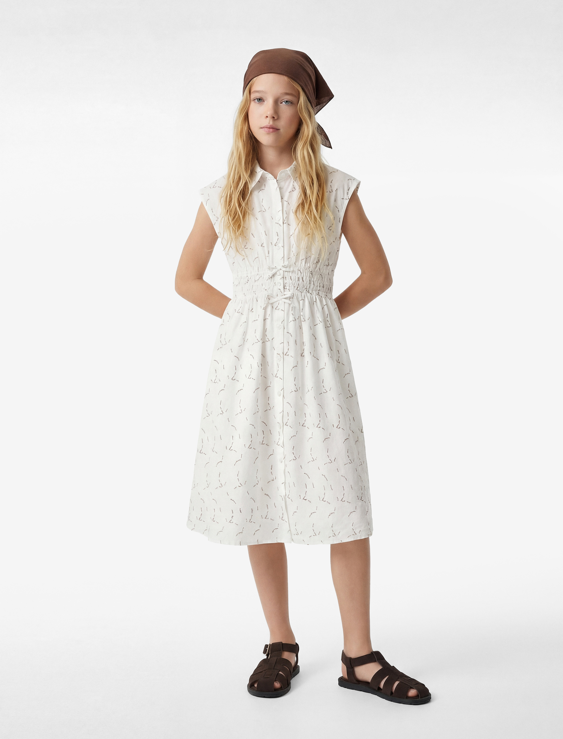  Kız Çocuk A Kesim Kolsuz Desenli Gömlek Yaka Midi Elbise