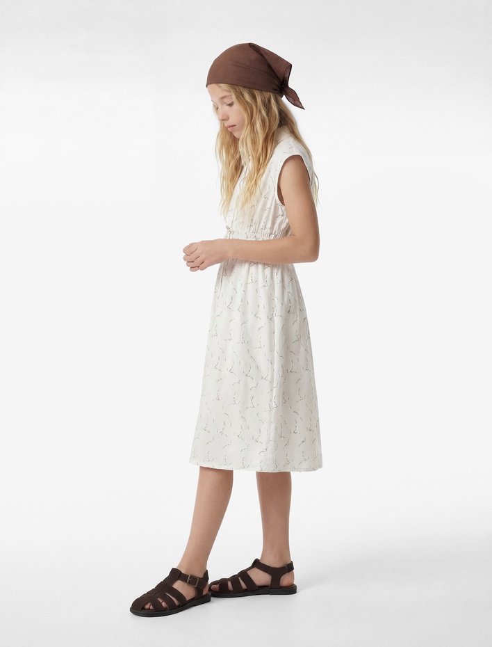 Kız Çocuk A Kesim Kolsuz Desenli Gömlek Yaka Midi Elbise