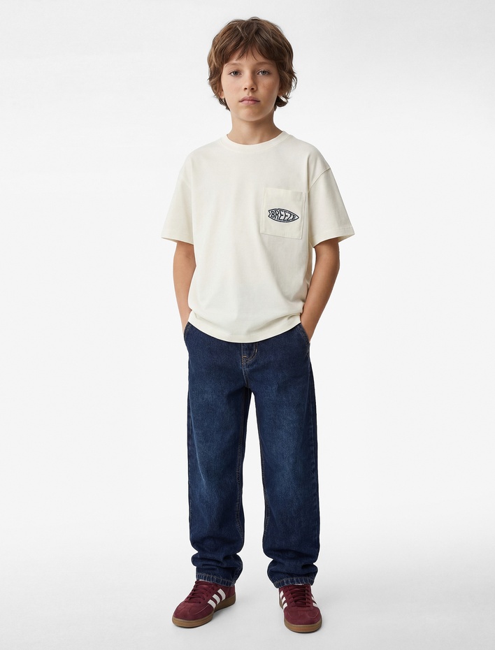 Erkek Çocuk Bisiklet Yaka Kısa Kollu Nakışlı Tek Cepli Pamuklu Oversize Tişört